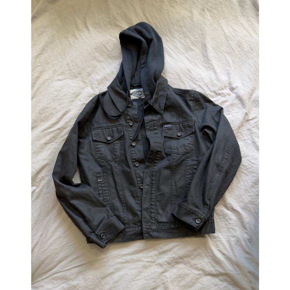 DRAVUS Mens Faded Black Hooded Jean Jacket with Drawstrings